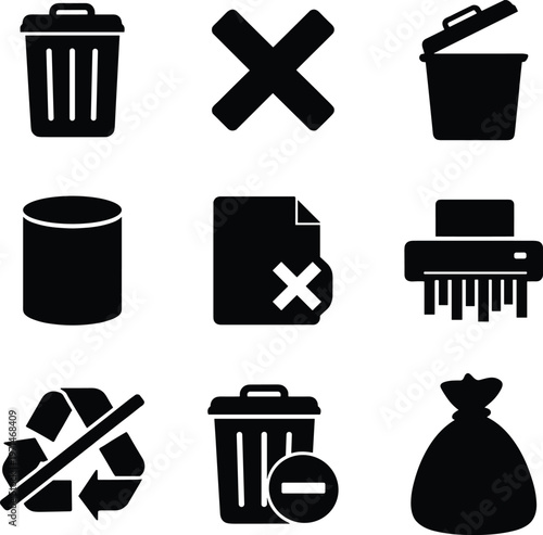 Waste management, deletion, and recycling icon set - simple black and white vector graphics