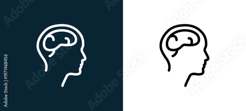 Two-color male head side view with brains outline icon pair in black and white, editable stroke vector illustration for web, mobile apps, UI design, branding, and print from body parts