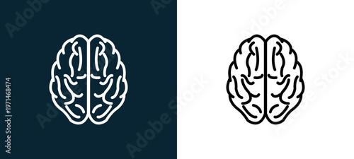 Two-color brain upper view outline icon pair in black and white, editable stroke vector illustration for web, mobile apps, UI design, branding, and print from body parts