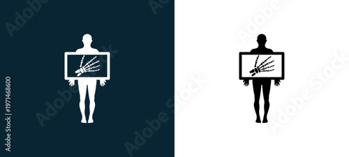 Two-color man holding a hand bones x ray image outline icon pair in black and white, editable stroke vector illustration for web, mobile apps, UI design, branding, and print from body parts