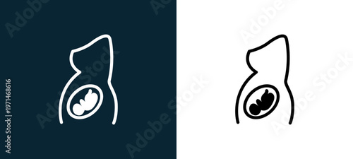 Two-color body part with baby inside outline icon pair in black and white, editable stroke vector illustration for web, mobile apps, UI design, branding, and print from body parts