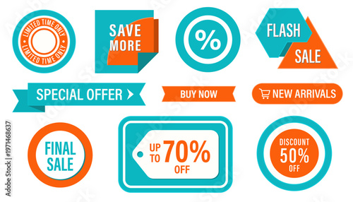 Set of sale badges and discount labels for promotion, special offer and flash sale vector illustration. 