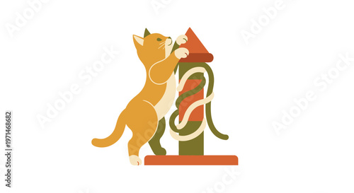Cat Playfully Scratching a Retro Style Pet Scratching Post Illustration