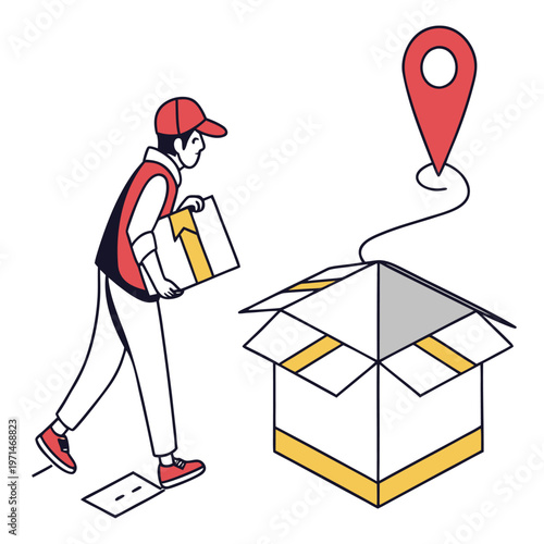 Delivery person carrying package near open box and map pin with e commerce