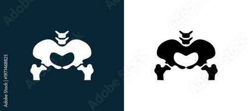 Two-color pelvic bone outline icon pair in black and white, editable stroke vector illustration for web, mobile apps, UI design, branding, and print from body parts