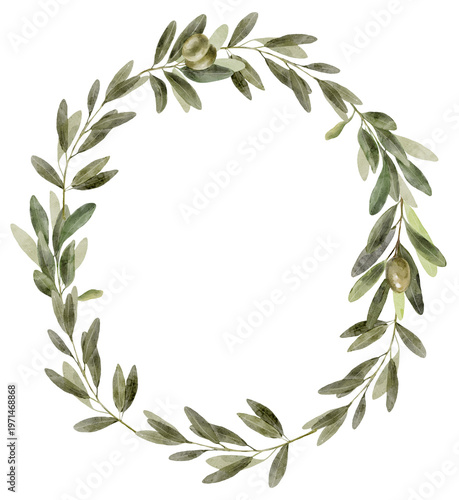 Watercolor olive wreath with elegant wreath. Botanical frame looks soft and timeless and ideal for invitations or logos.