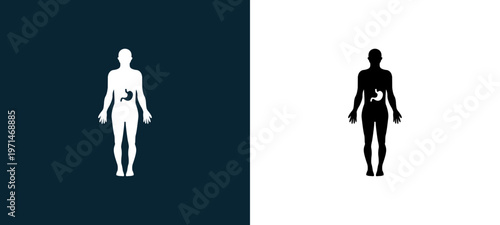 Two-color stoh inside human body outline icon pair in black and white, editable stroke vector illustration for web, mobile apps, UI design, branding, and print from body parts