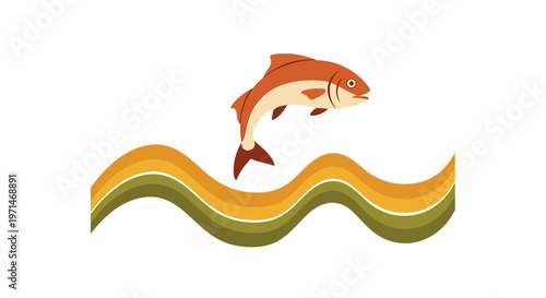 Fish Leaping over Abstract Colorful Waves Simple Illustration