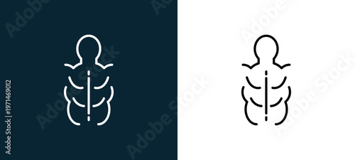 Two-color man torso muscles outline icon pair in black and white, editable stroke vector illustration for web, mobile apps, UI design, branding, and print from body parts