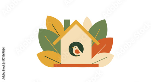 Birdhouse Illustration with a Small Bird Surrounded by Colorful Leaves
