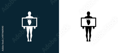 Two-color human body with heart outline icon pair in black and white, editable stroke vector illustration for web, mobile apps, UI design, branding, and print from body parts