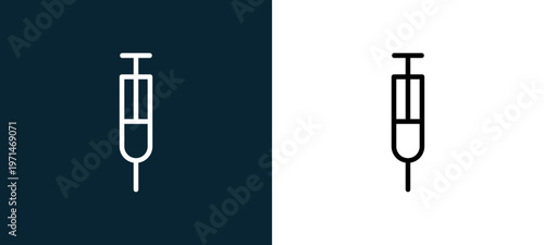 Two-color syringe outline icon pair in black and white, editable stroke vector illustration for web, mobile apps, UI design, branding, and print from body parts