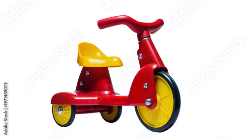 Obraz na plátně Red and yellow plastic children s tricycle with handlebars, isolated on transpar
