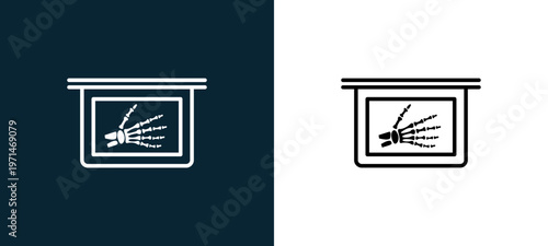 Two-color hand bones in x ray plate outline icon pair in black and white, editable stroke vector illustration for web, mobile apps, UI design, branding, and print from body parts