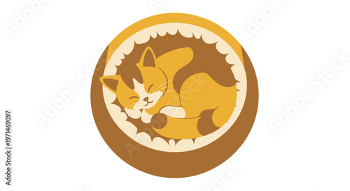 Cat Sleeping Peacefully Curled in a Cozy Round Basket Illustration