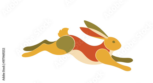 Hare Illustration Leaping with Vibrant Stylized Geometric Shapes and Retro Colors