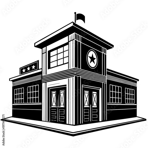 police station building silhouette with law enforcement icon vector illustration