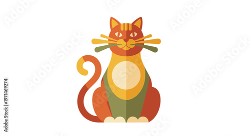 Cat Retro Flat Design Illustration with Bold Colors on White