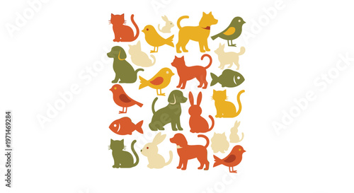 Animals Pets Collection Colorful Silhouettes Retro Illustration