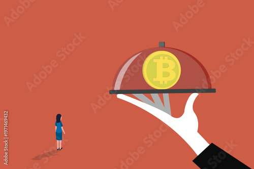 Professional hand serving bitcoin cryptocurrency on a silver platter with cloche to a business woman illustrating financial investment opportunities and wealth management services