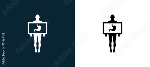 Two-color human body with x ray plate focusing on stoh outline icon pair in black and white, editable stroke vector illustration for web, mobile apps, UI design, branding, and print from body parts