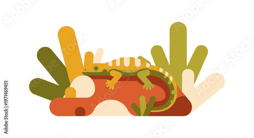 Gecko Lizard Resting on a Log Surrounded by Tropical Plants in Flat Design