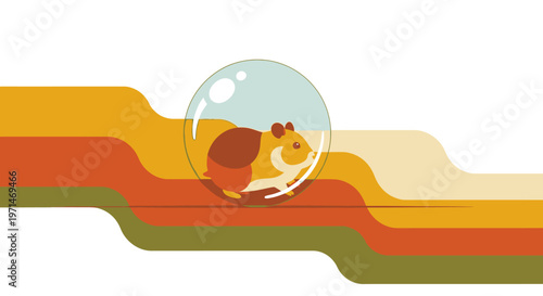 Hamster Pet Rolling in a Clear Ball on Retro Wavy Stripes