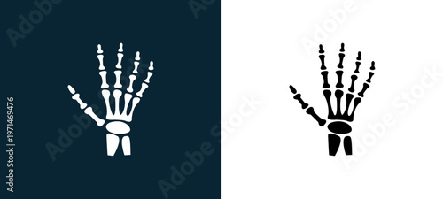 Two-color human hand bones outline icon pair in black and white, editable stroke vector illustration for web, mobile apps, UI design, branding, and print from body parts