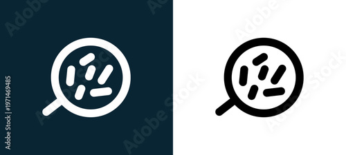 Two-color body cells under a magnification tool outline icon pair in black and white, editable stroke vector illustration for web, mobile apps, UI design, branding, and print from body parts
