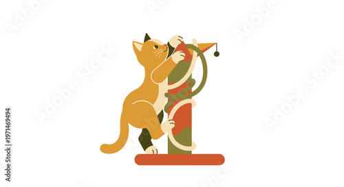 Cat Playfully Climbing a Multicolored Scratching Post with a Dangling Toy