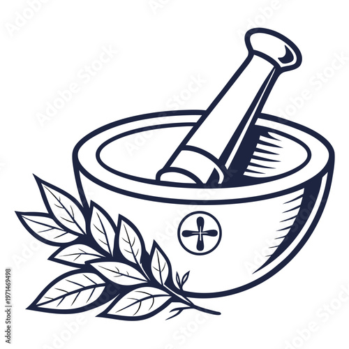 Mortar and pestle with herbal leaves icon for pharmacy and natural medicine