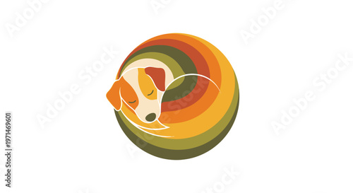 Dog Curled Up Sleeping with Colorful Retro Style Stripes