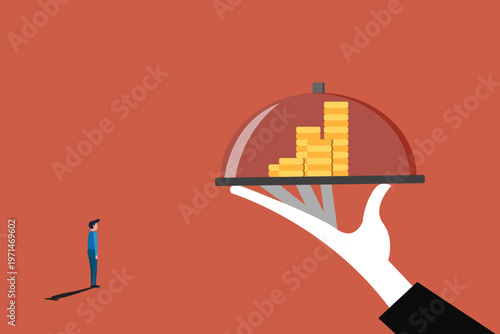 Professional hand serving growing financial bar chart on a silver platter to a businessman illustrating wealth management success and strategic investment growth opportunities