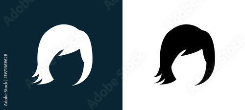 Two-color female short hair variant outline icon pair in black and white, editable stroke vector illustration for web, mobile apps, UI design, branding, and print from body parts