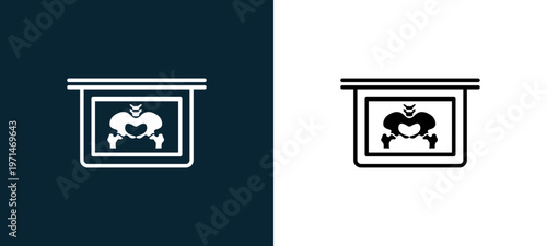 Two-color hips bones x rays vision outline icon pair in black and white, editable stroke vector illustration for web, mobile apps, UI design, branding, and print from body parts