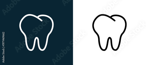 Two-color tooth outline icon pair in black and white, editable stroke vector illustration for web, mobile apps, UI design, branding, and print from body parts