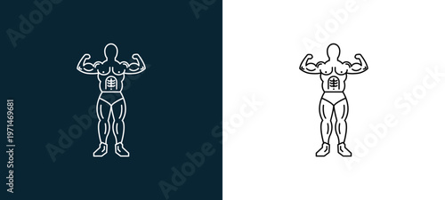 Two-color gymnast in frontal view showing his muscles outline icon pair in black and white, editable stroke vector illustration for web, mobile apps, UI design, branding, and print from body parts