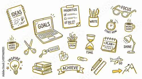 Hand drawn doodles of business goals, planning, and success with icons for ideas, work, and achievement