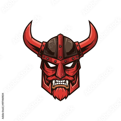 Red Viking Warrior Mask with Horns and Fierce Expression.