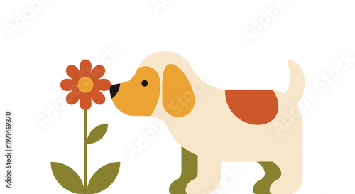 Dog Sniffing an Orange Flower in a Retro 70s Illustration Style
