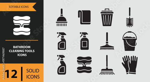 Bathroom cleaning tools icons set in solid black on gray background