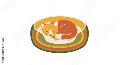 Cat Sleeping Soundly in a Cozy Retro Striped Pet Bed Illustration