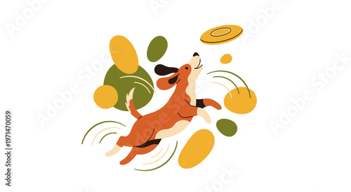 Dog Jumping to Catch a Frisbee in a Playful Flat Illustration