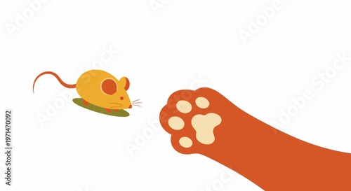 Cat Paw Reaches for a Yellow Toy Mouse on a White Background