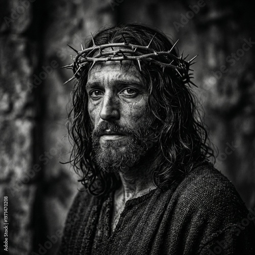 The Burden of Sacrifice: A Solemn Black and White Portrait of Christ
