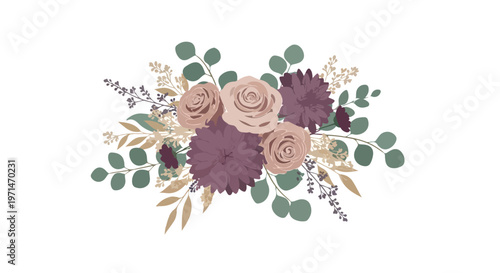 Elegant floral arrangement with muted dusty rose and mauve flowers and green eucalyptus leaves