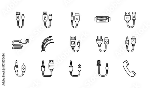 Digital cable icons set with linear outline style featuring ethernet USB HDMI fiber optic and power cables for telecom and internet technology isolated on white background