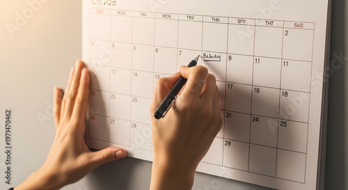 Person marking important date on wall calendar in warm lighting