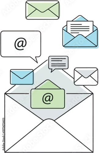 Open envelope with emails and messages, symbolizing communication and digital correspondence for business or personal use