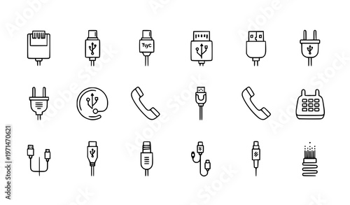 Linear digital cable icon collection with telecom internet and connector symbols in thin line style for UI and web design isolated on white background